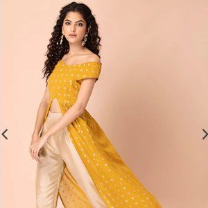 Yellow Foil Off Shoulder High Slit Kurta